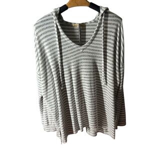 Mesh + Lace V Neck, Long Sleeve Hoodie, Gray and White Stripe, Size Large